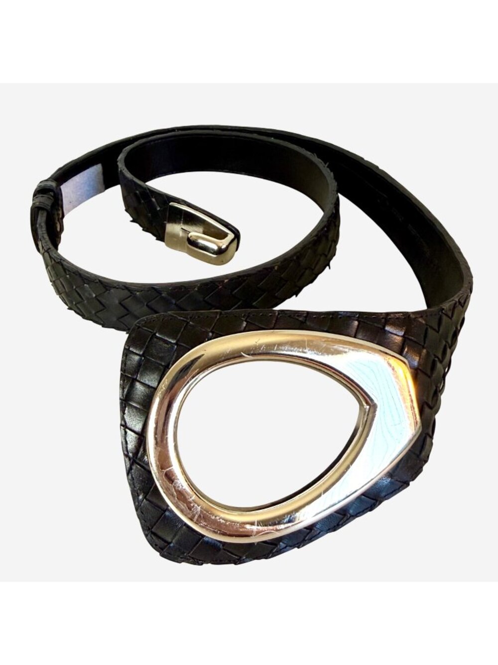 Vintage Coldwater Creek Black Woven Leather Belt Teardrop Buckle Adjustable L/XL